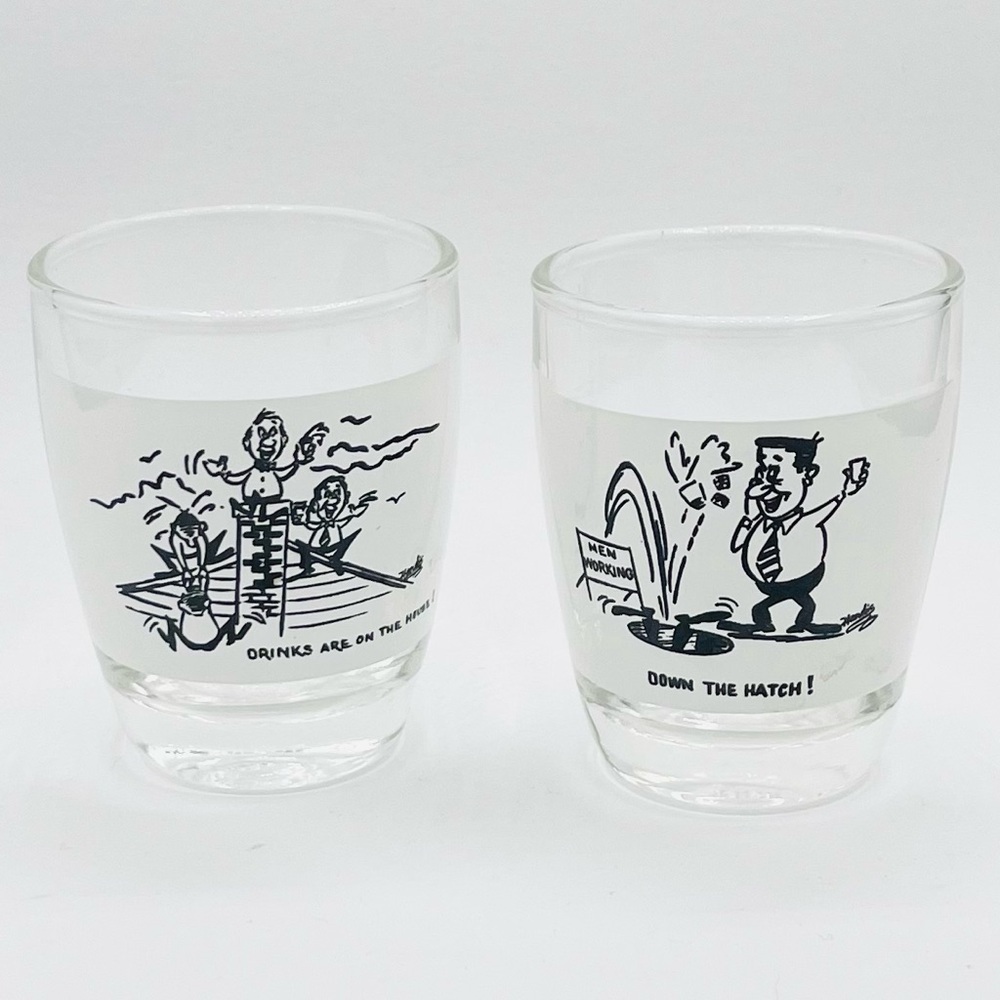 2 VTG Bar Shot Glasses. Down The Hatch. Drinks Are On The House. Comical MCM EUC